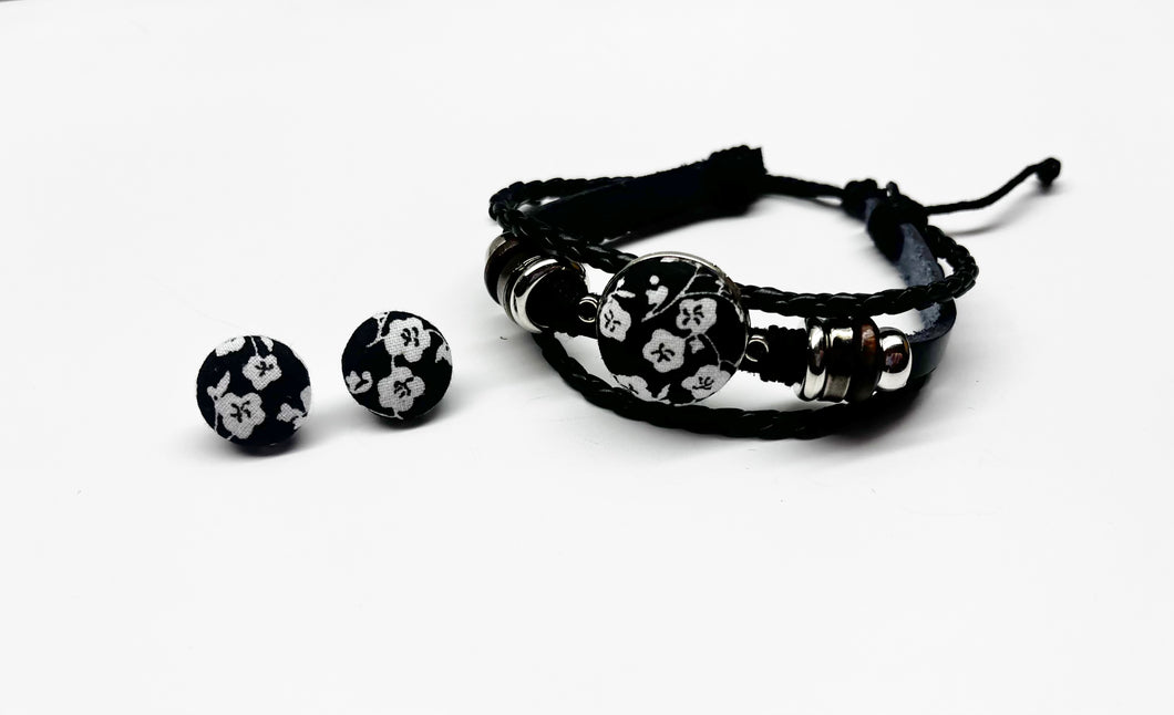 Duo bracelet boucles d’oreilles - noirs fleuris blancs